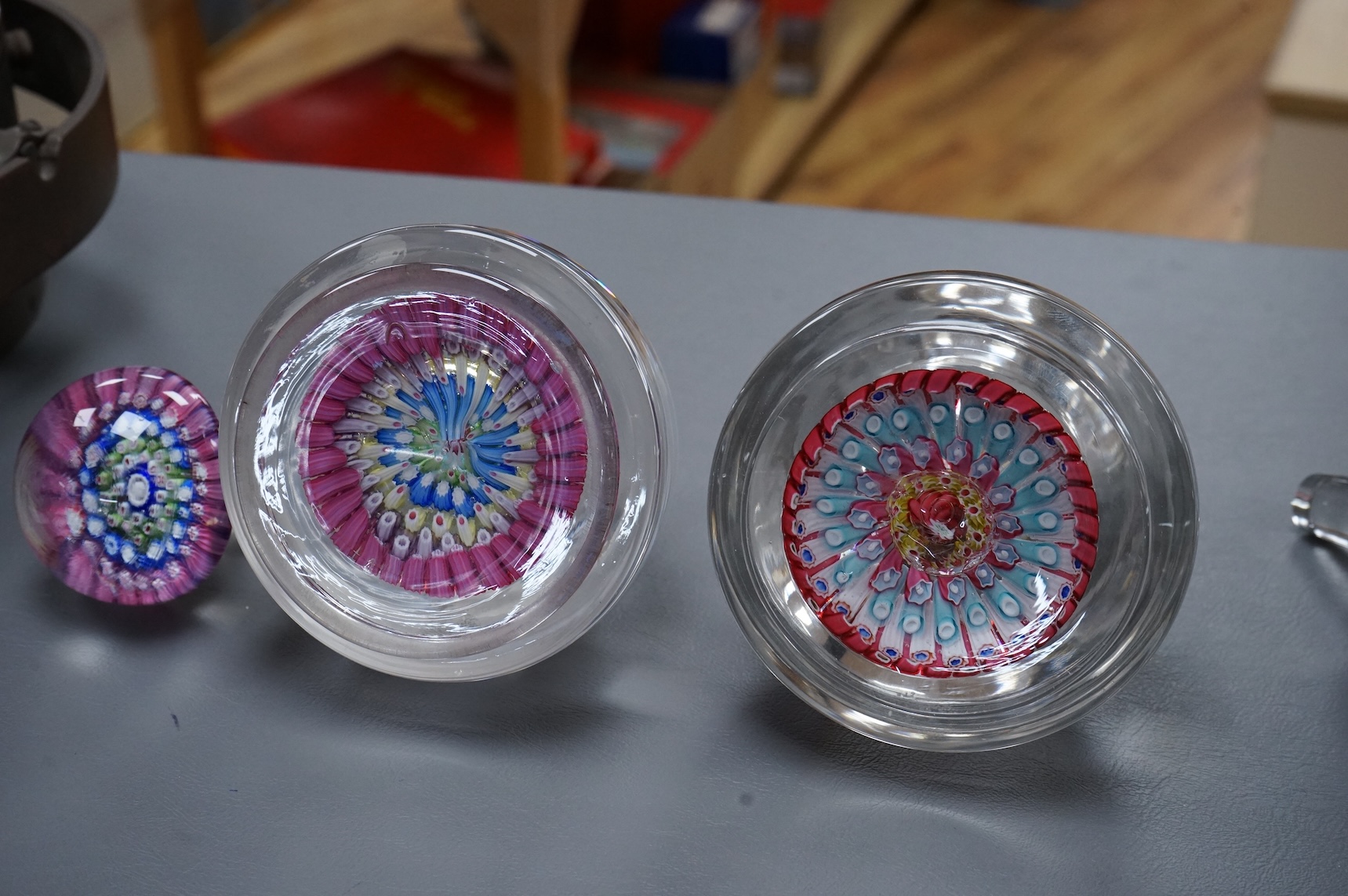 Two Whitefriars millefiori inkwells with stoppers, tallest 17cm high.